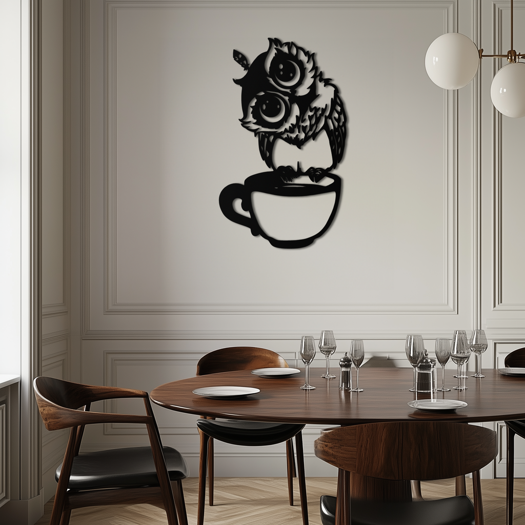 Metal Wall Art Sleepy Owl Coffee Cup Design - Quirky Home Decor for Coffee Lovers