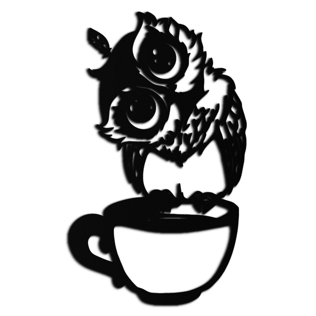 Metal Wall Art Sleepy Owl Coffee Cup Design - Quirky Home Decor for Coffee Lovers