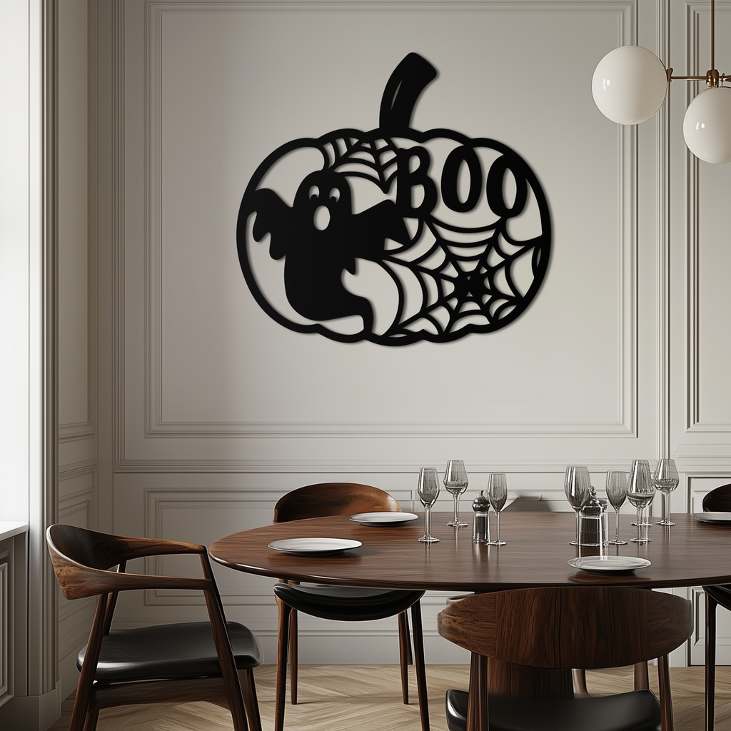 Orange Pumpkin Metal Wall Art - Spooky Halloween Ghost BOO Design with Spiderwebs