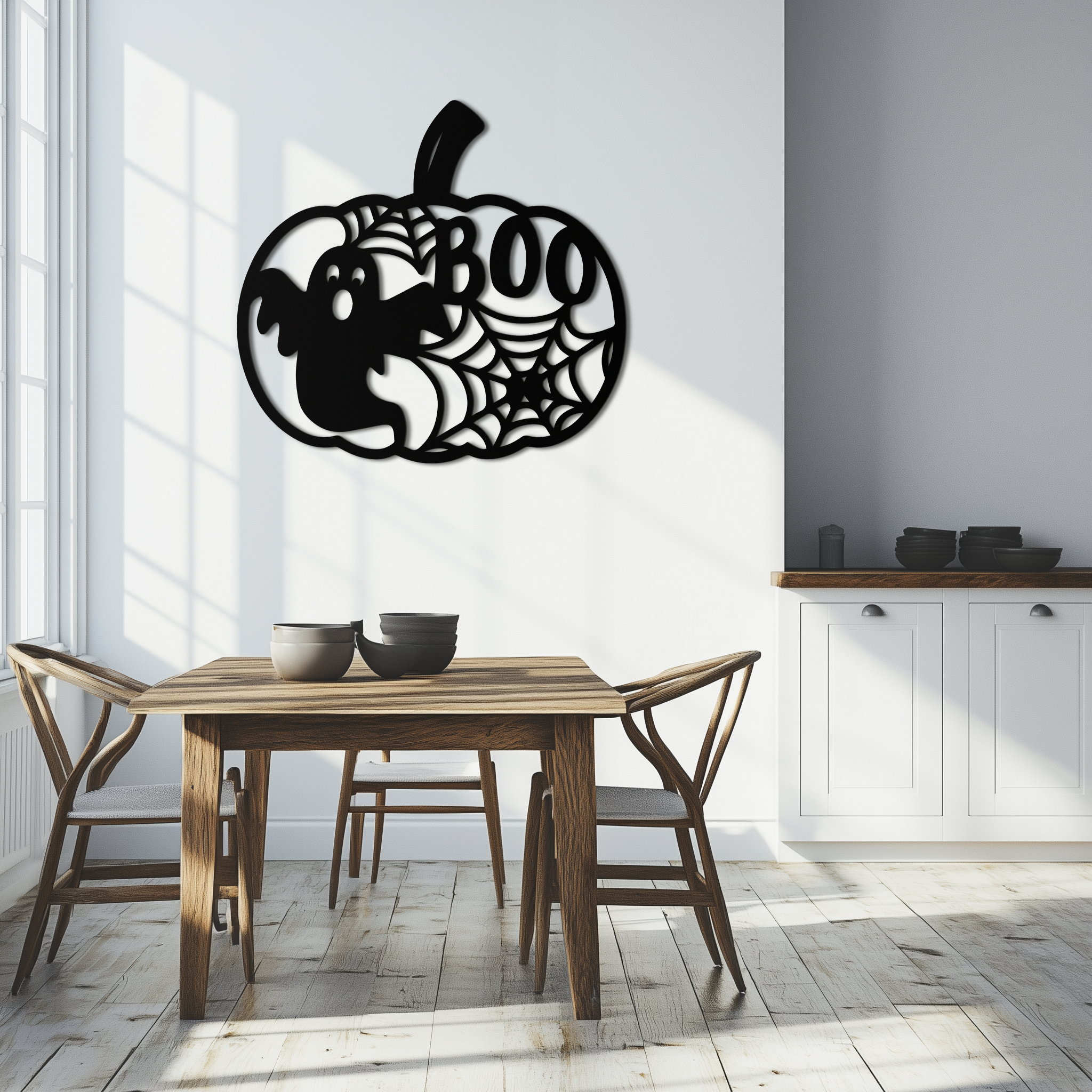 Orange Pumpkin Metal Wall Art - Spooky Halloween Ghost BOO Design with Spiderwebs