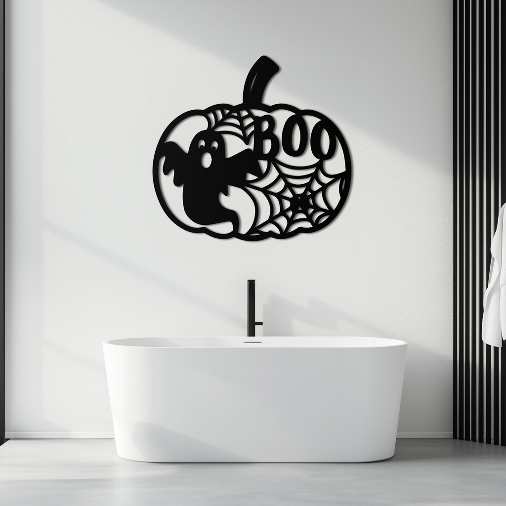 Orange Pumpkin Metal Wall Art - Spooky Halloween Ghost BOO Design with Spiderwebs