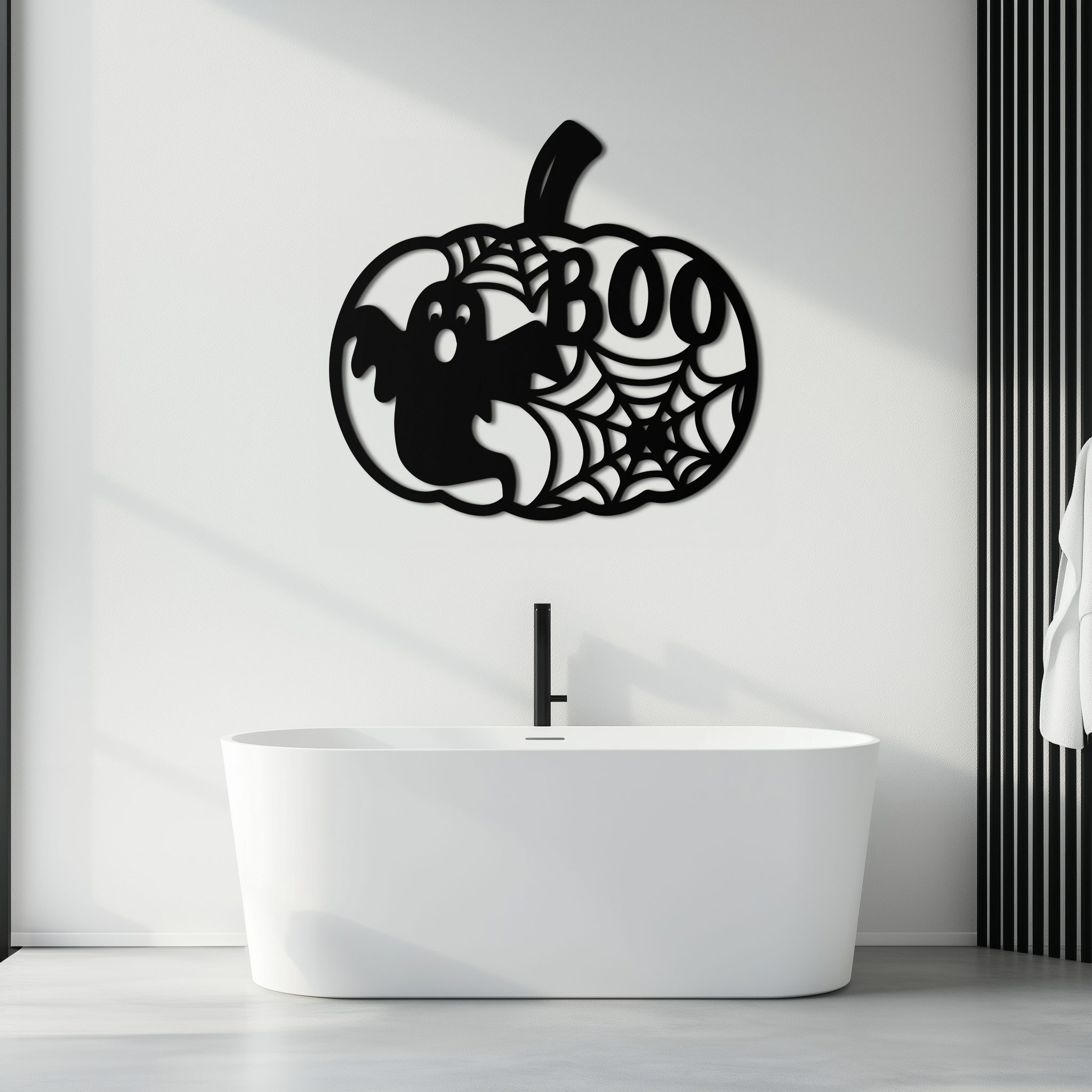 Orange Pumpkin Metal Wall Art - Spooky Halloween Ghost BOO Design with Spiderwebs