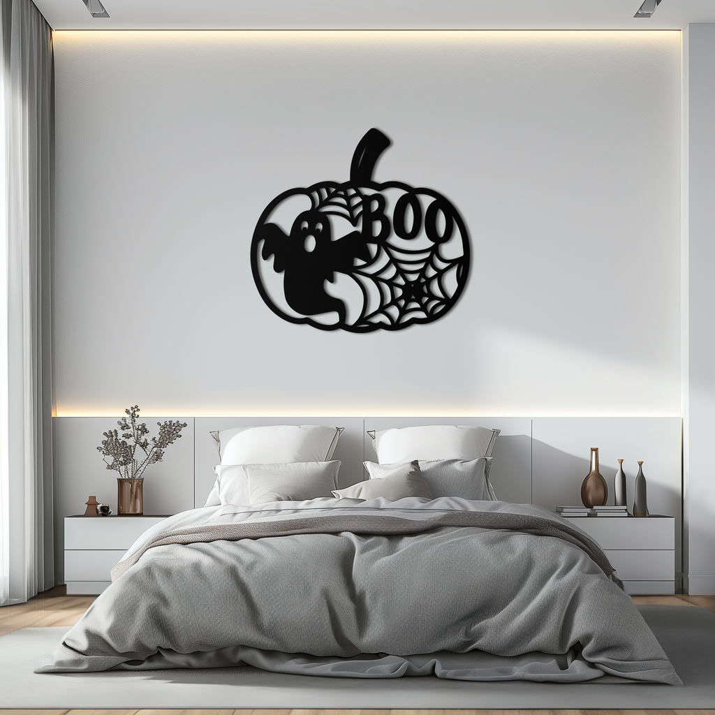Orange Pumpkin Metal Wall Art - Spooky Halloween Ghost BOO Design with Spiderwebs