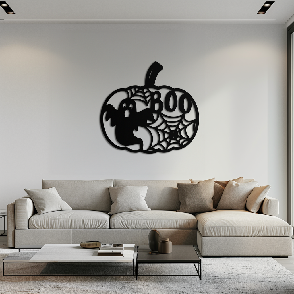 Orange Pumpkin Metal Wall Art - Spooky Halloween Ghost BOO Design with Spiderwebs