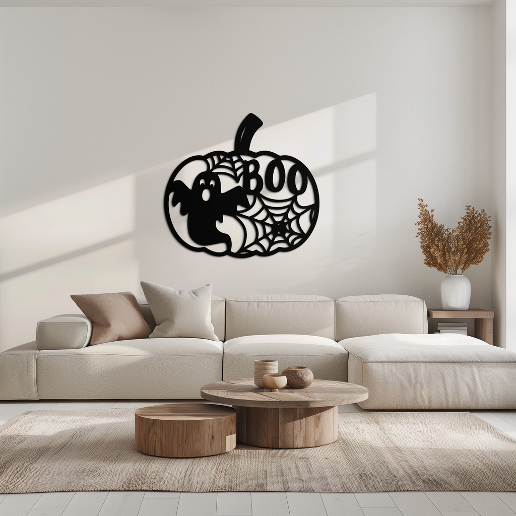 Orange Pumpkin Metal Wall Art - Spooky Halloween Ghost BOO Design with Spiderwebs