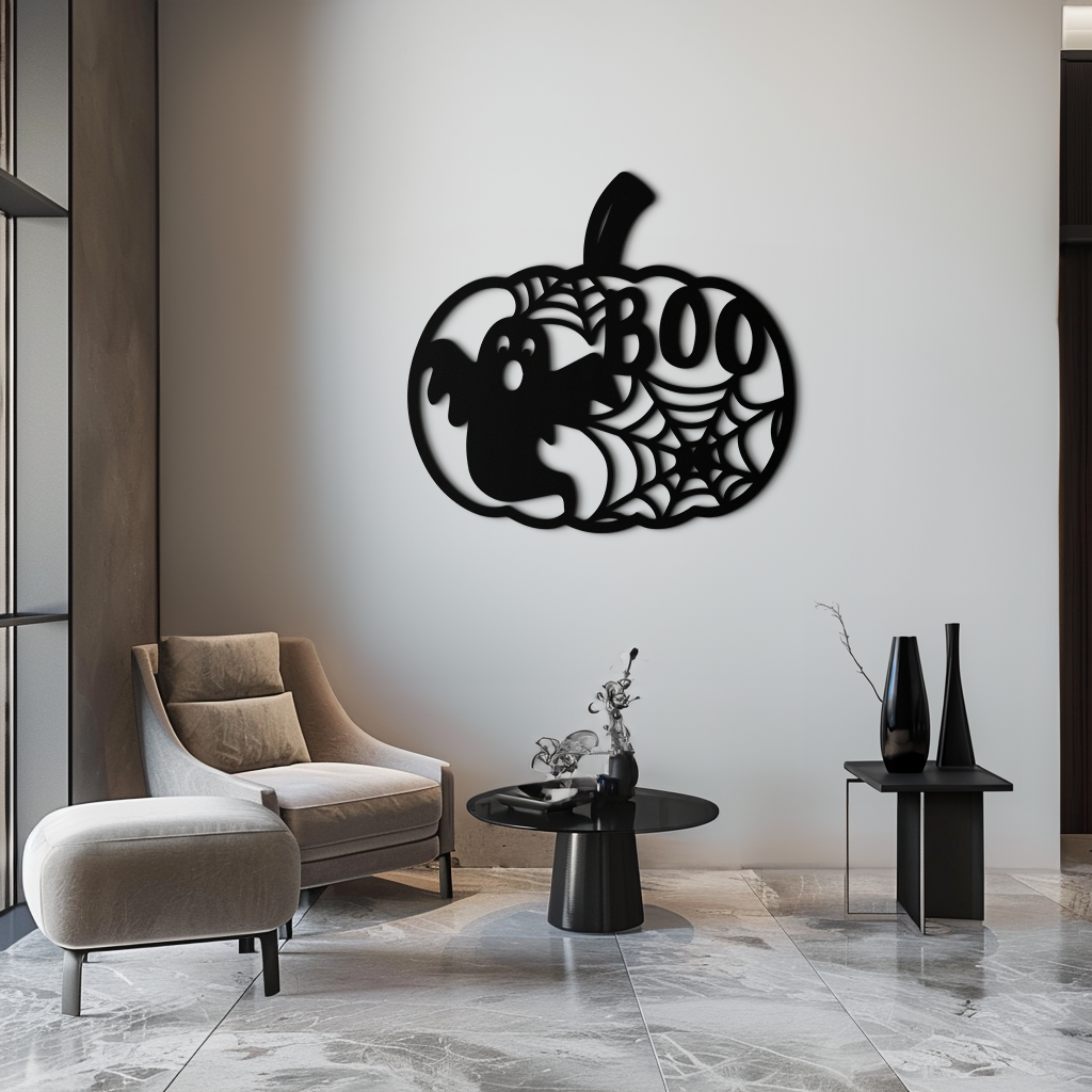 Orange Pumpkin Metal Wall Art - Spooky Halloween Ghost BOO Design with Spiderwebs