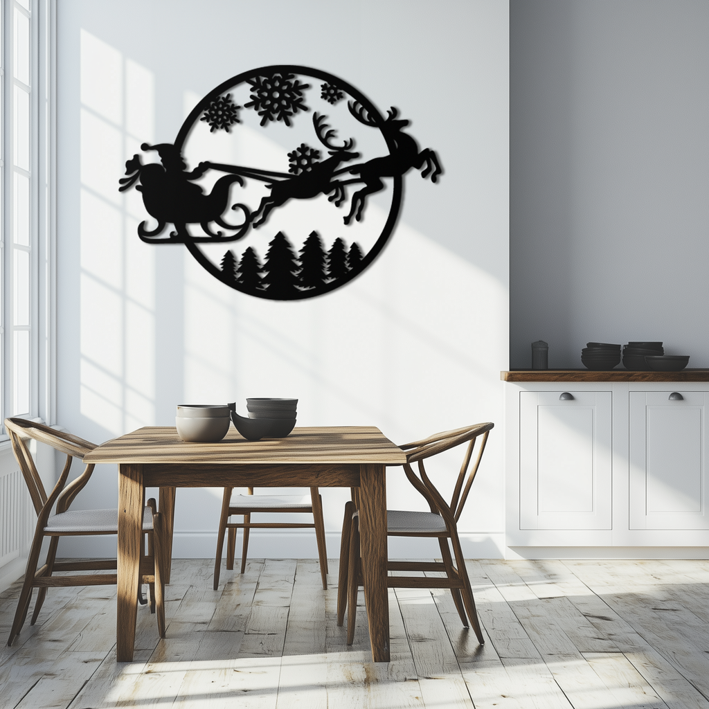 Metal Wall Art Santa Sleigh with Christmas Reindeer Snowflake Decor