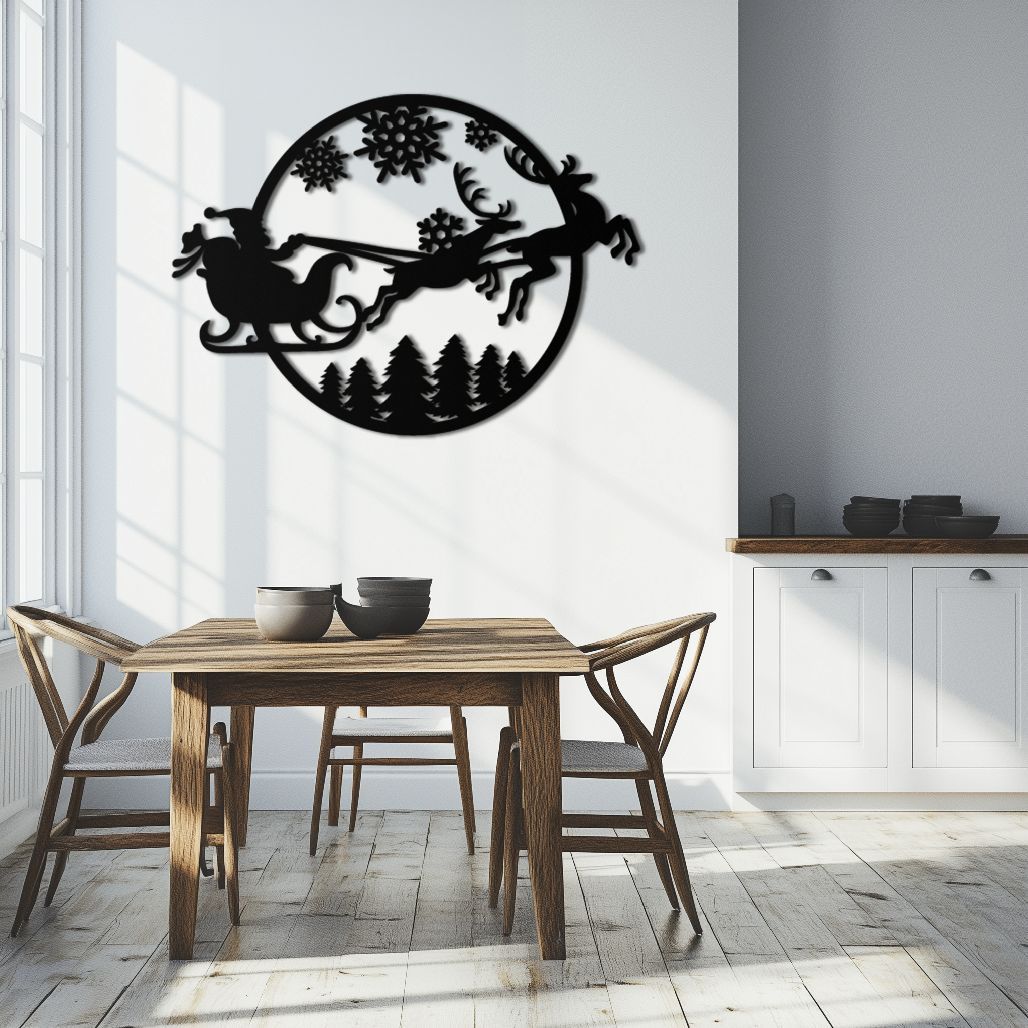 Metal Wall Art Santa Sleigh with Christmas Reindeer Snowflake Decor