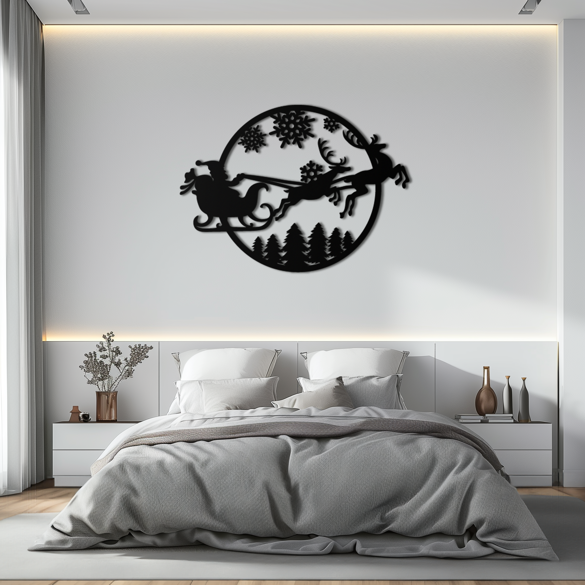 Metal Wall Art Santa Sleigh with Christmas Reindeer Snowflake Decor