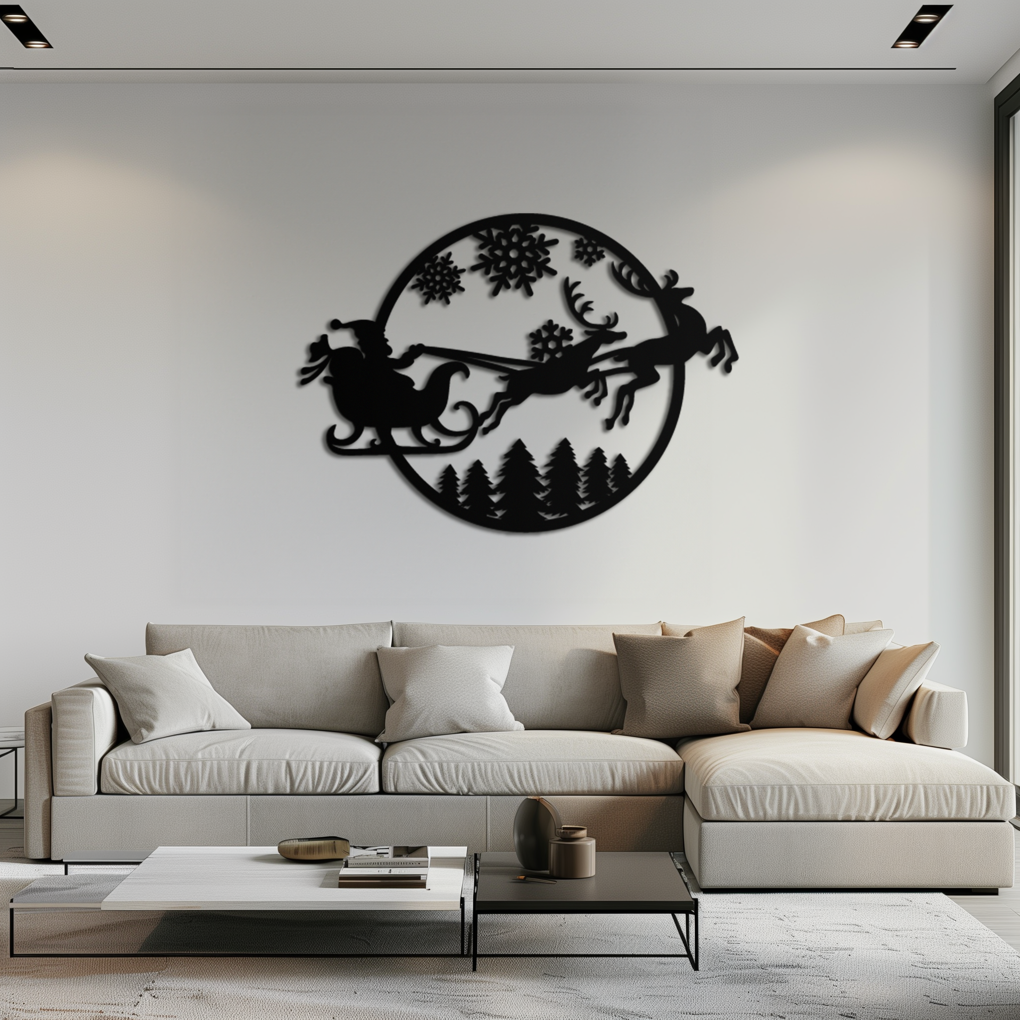 Metal Wall Art Santa Sleigh with Christmas Reindeer Snowflake Decor