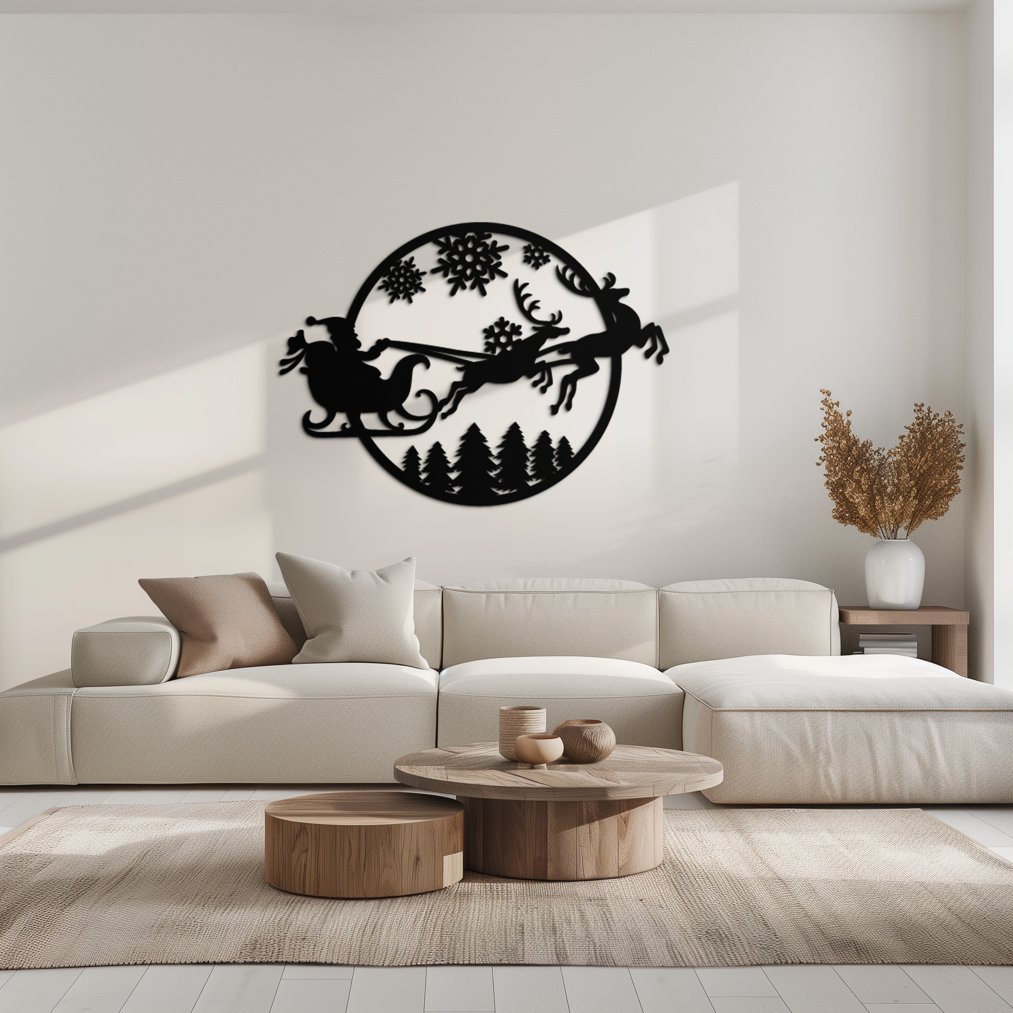 Metal Wall Art Santa Sleigh with Christmas Reindeer Snowflake Decor