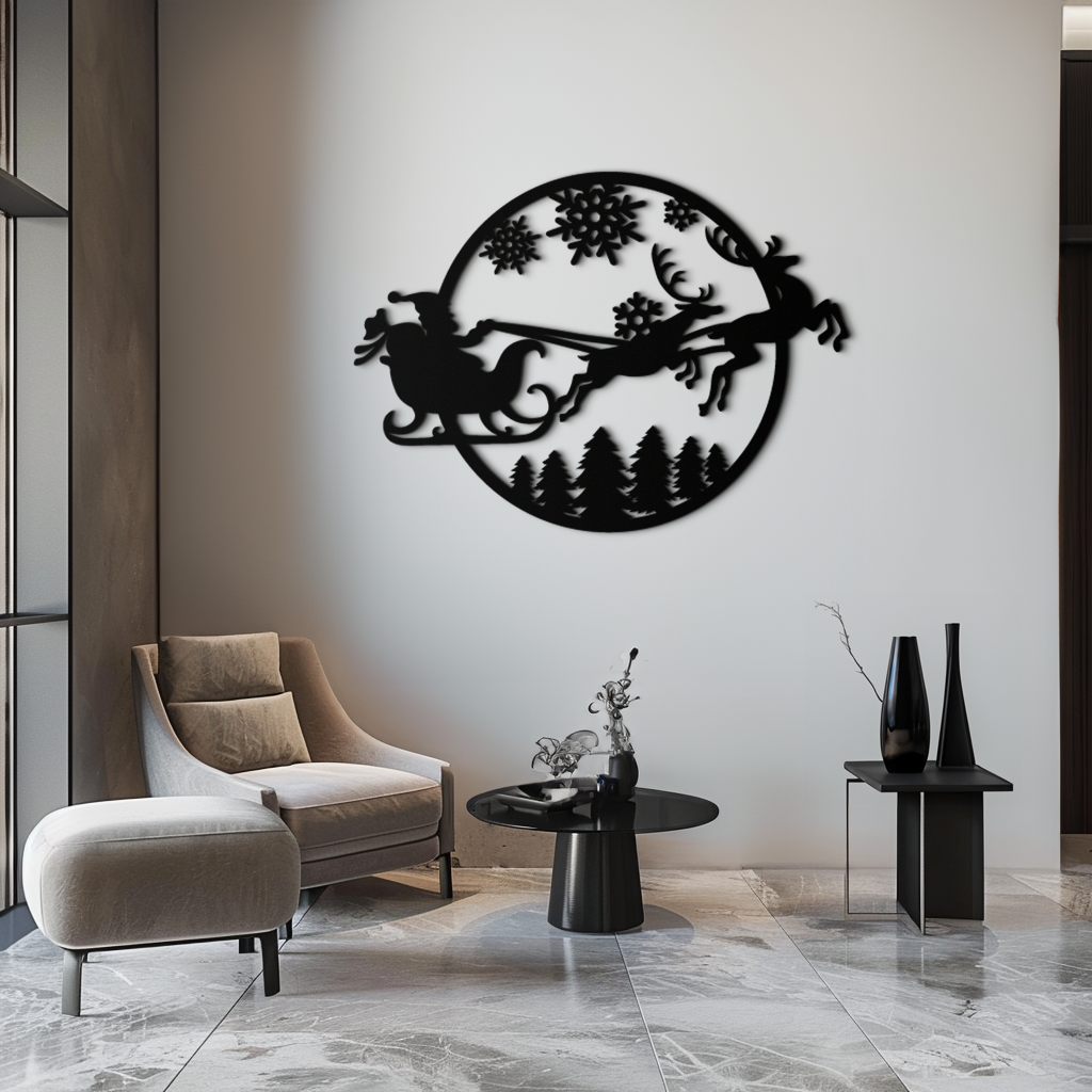 Metal Wall Art Santa Sleigh with Christmas Reindeer Snowflake Decor