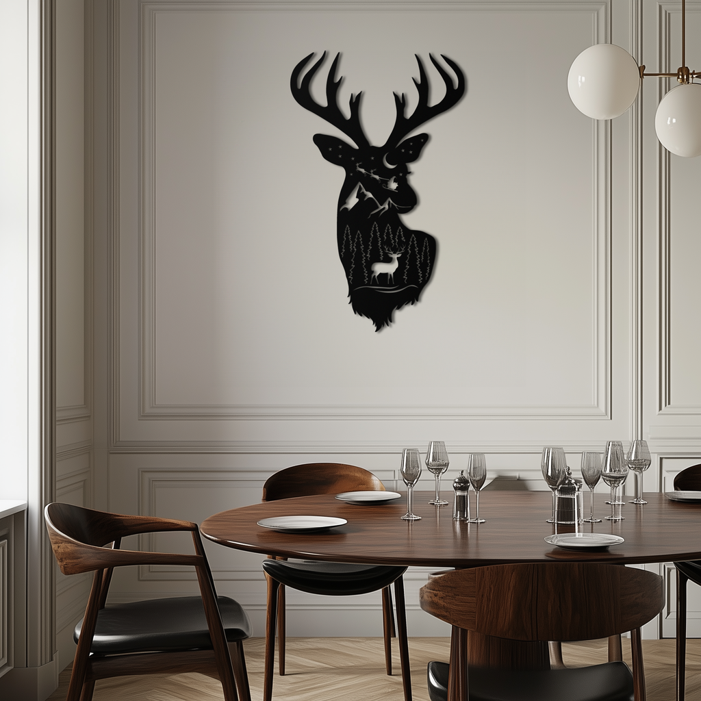 Majestic Deer Metal Wall Art Silhouette - Nature-Inspired Rustic Forest Mountain