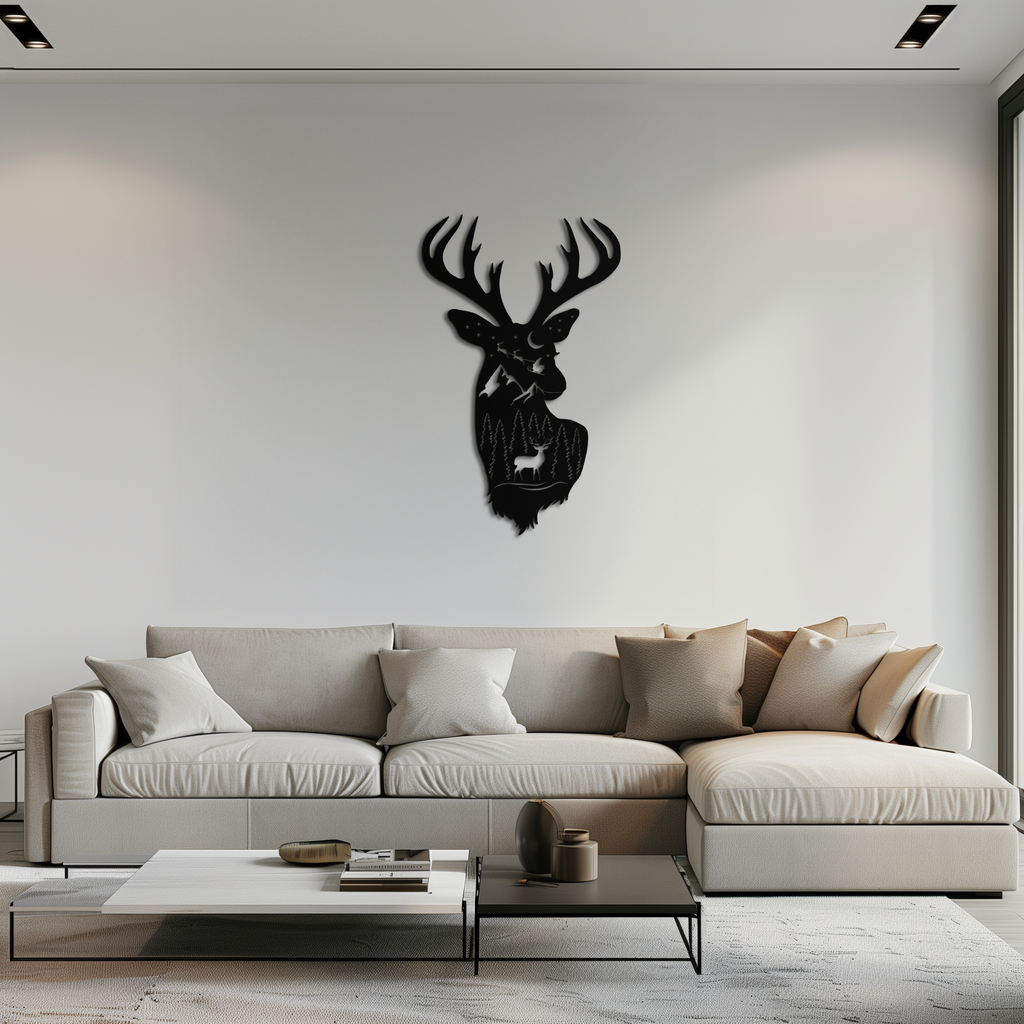 Majestic Deer Metal Wall Art Silhouette - Nature-Inspired Rustic Forest Mountain