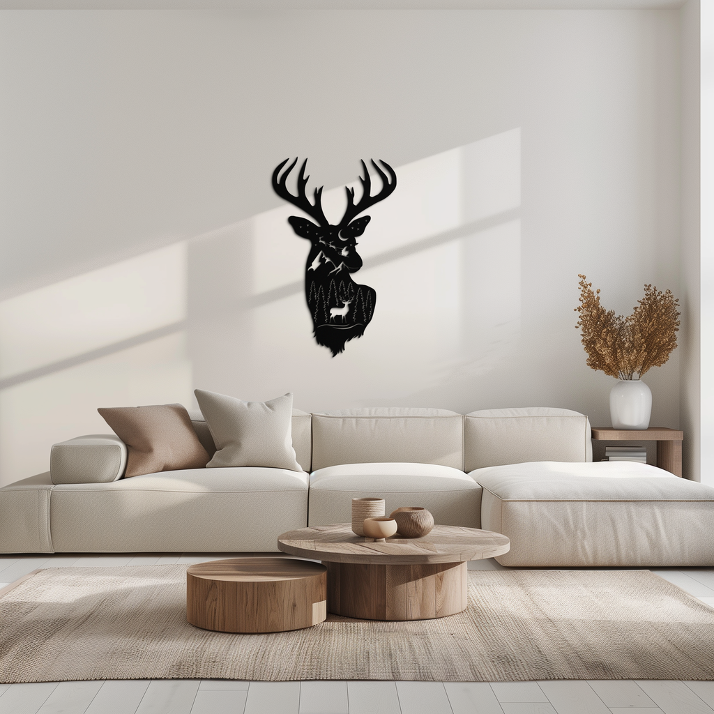 Majestic Deer Metal Wall Art Silhouette - Nature-Inspired Rustic Forest Mountain