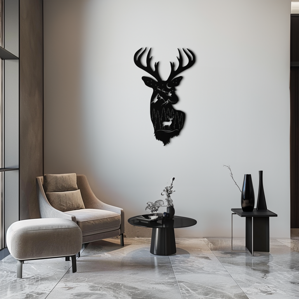 Majestic Deer Metal Wall Art Silhouette - Nature-Inspired Rustic Forest Mountain