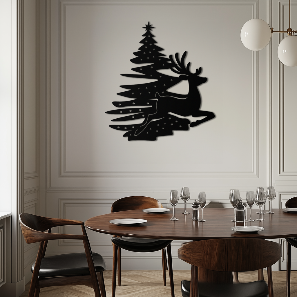 Metal Wall Art Reindeer Christmas Tree Festive Holiday Design