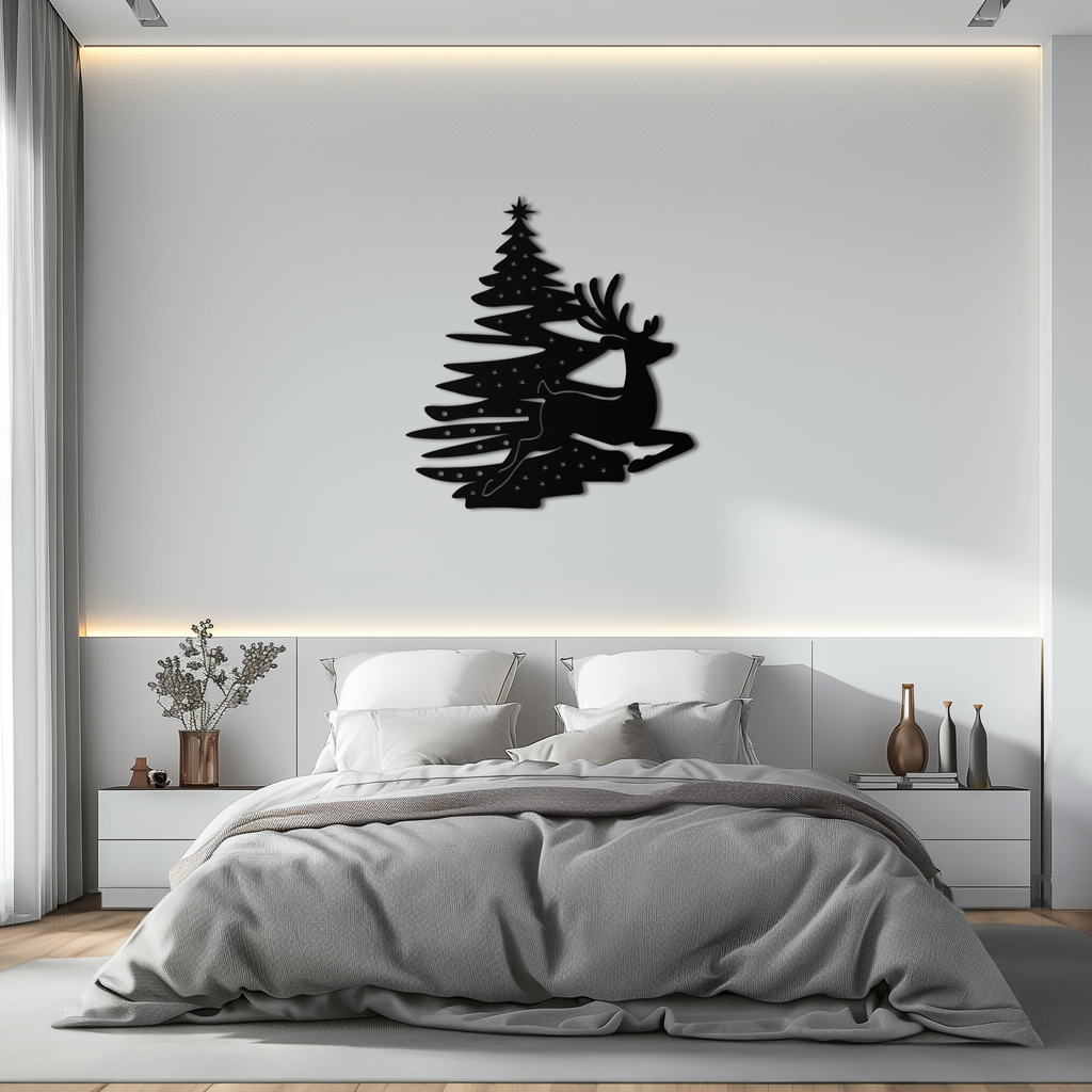 Metal Wall Art Reindeer Christmas Tree Festive Holiday Design