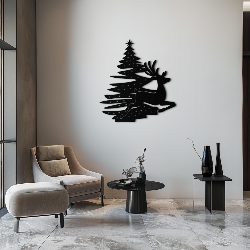 Metal Wall Art Reindeer Christmas Tree Festive Holiday Design