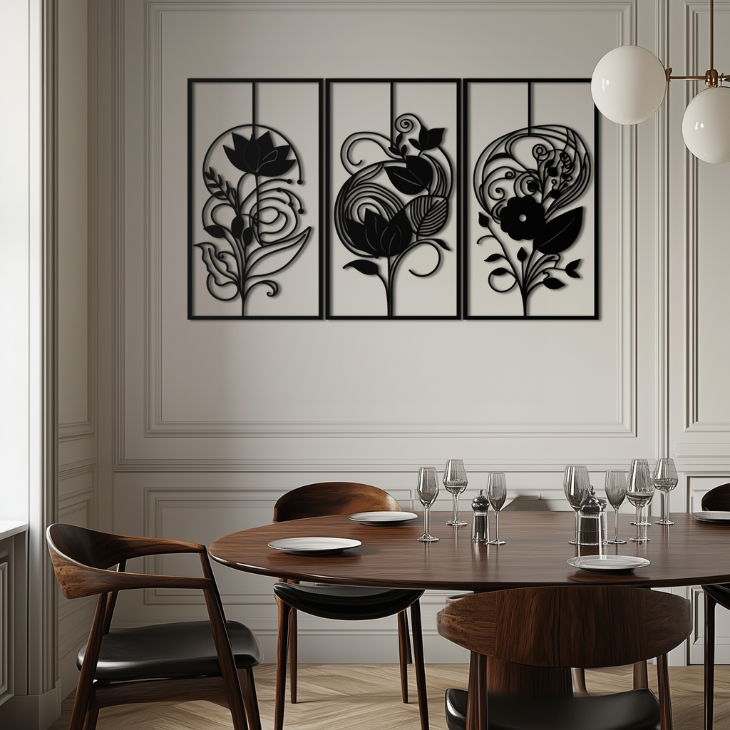 Black Metal Floral Panel Trio - Elegant Botanical Wall Art Set