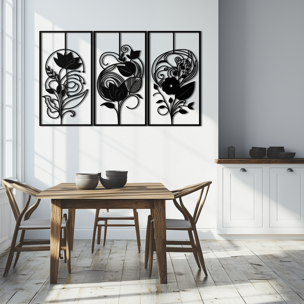 Black Metal Floral Panel Trio - Elegant Botanical Wall Art Set