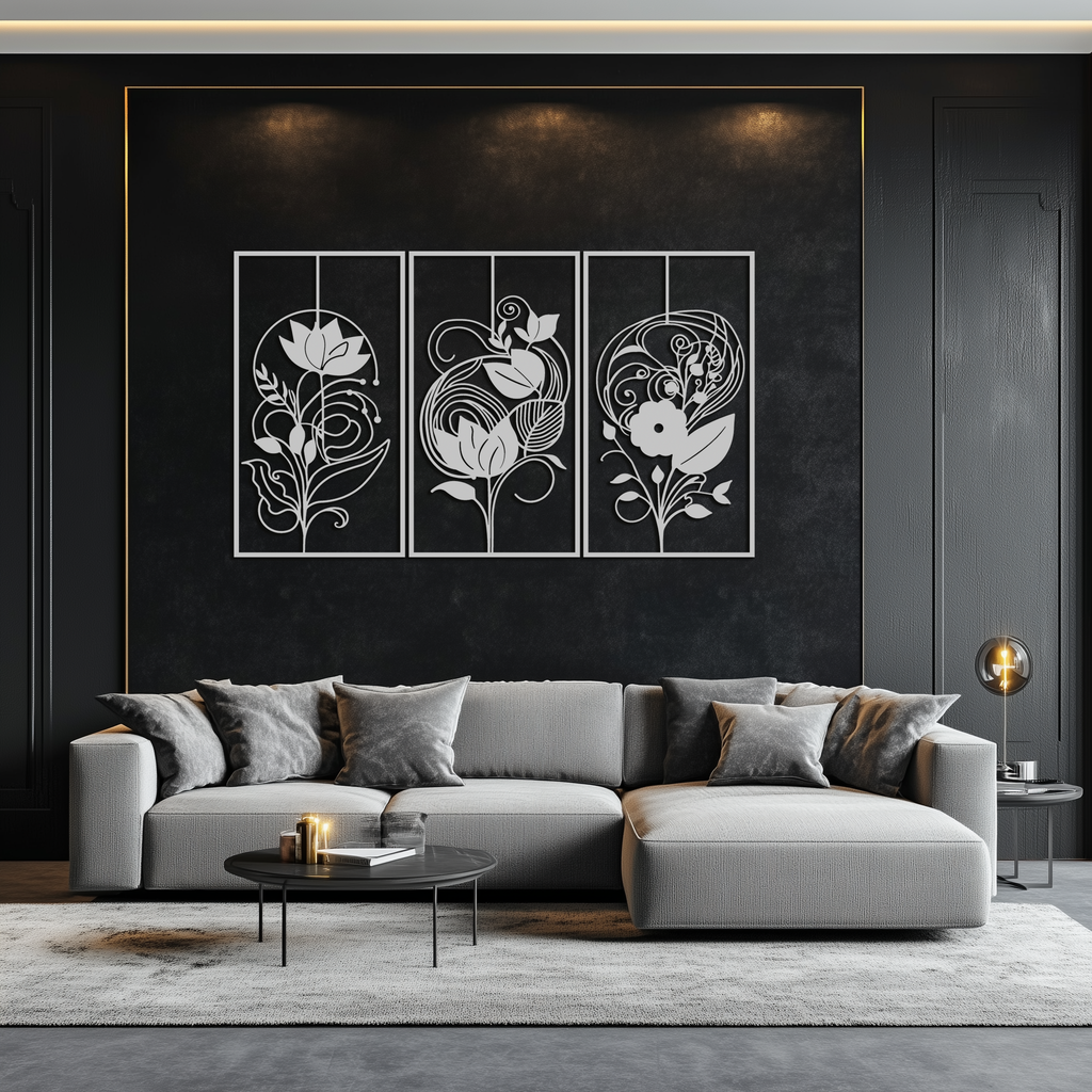 Black Metal Floral Panel Trio - Elegant Botanical Wall Art Set