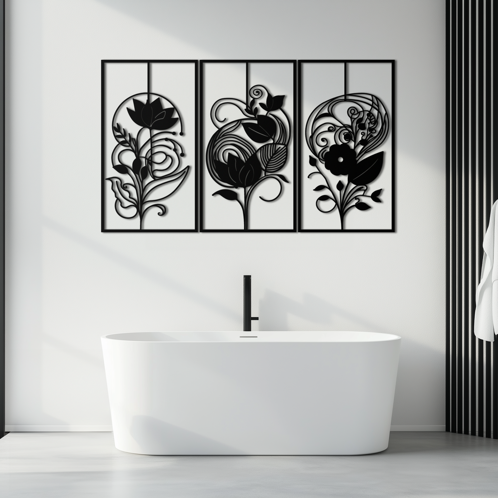 Black Metal Floral Panel Trio - Elegant Botanical Wall Art Set