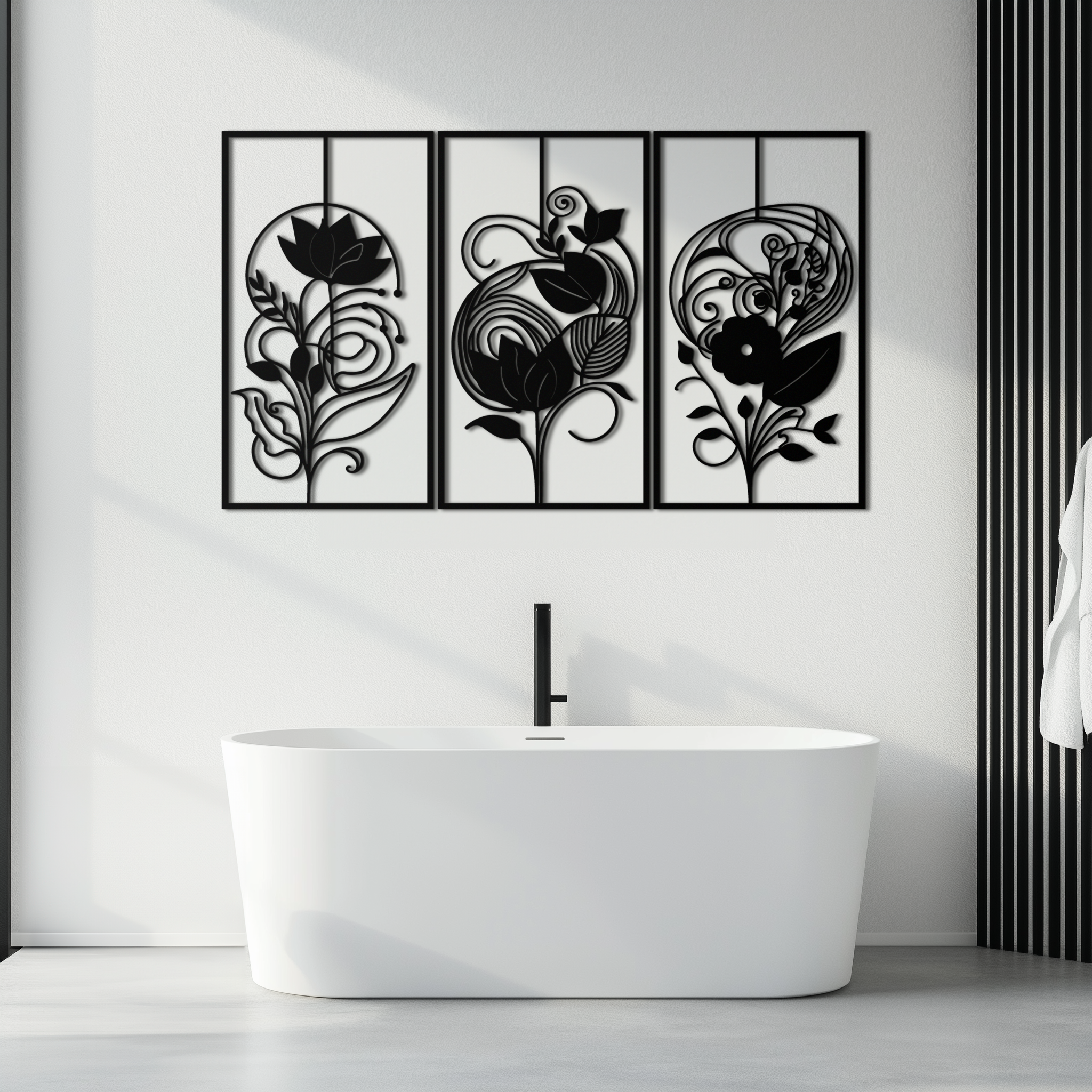 Black Metal Floral Panel Trio - Elegant Botanical Wall Art Set
