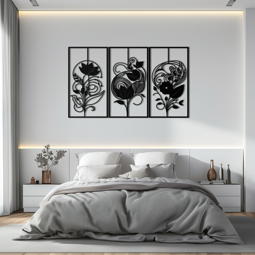 Black Metal Floral Panel Trio - Elegant Botanical Wall Art Set