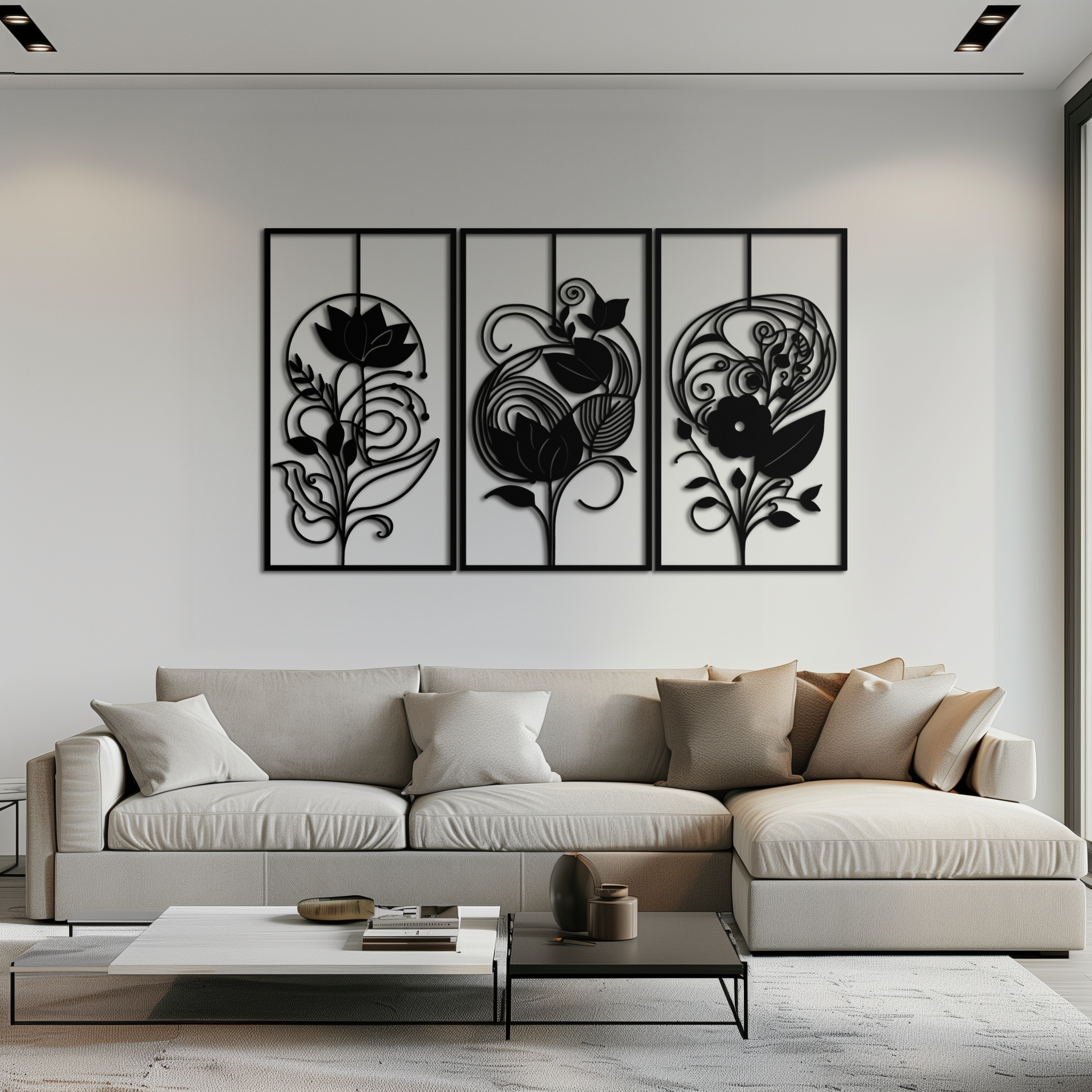 Black Metal Floral Panel Trio - Elegant Botanical Wall Art Set