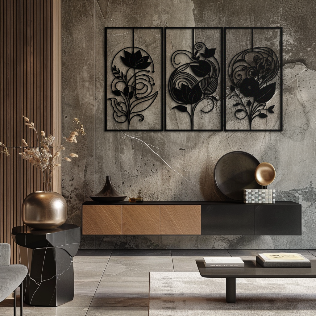 Black Metal Floral Panel Trio - Elegant Botanical Wall Art Set