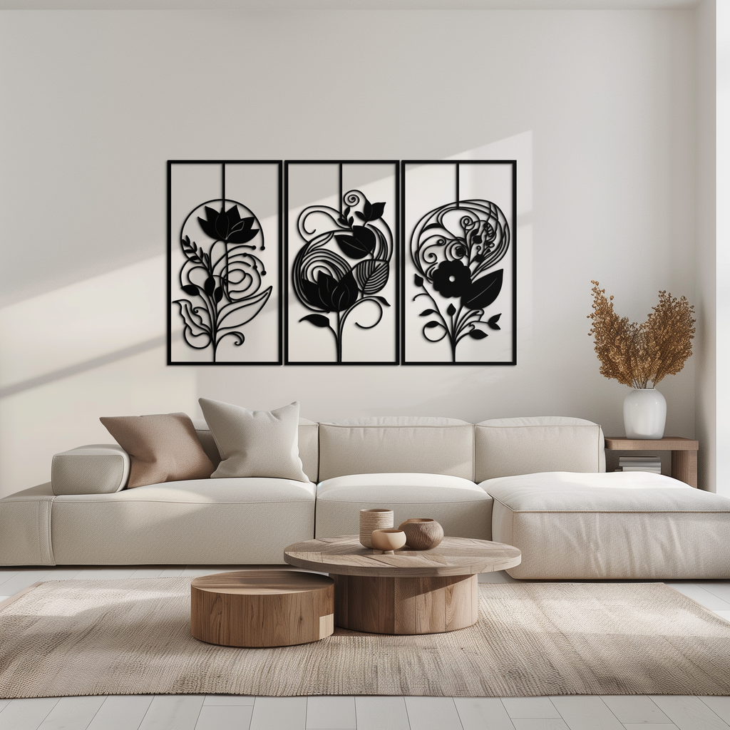 Black Metal Floral Panel Trio - Elegant Botanical Wall Art Set