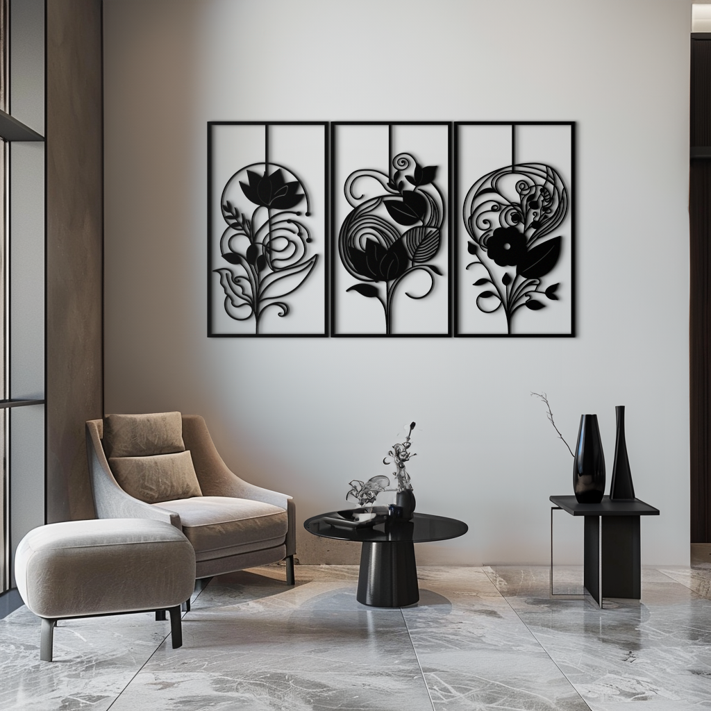 Black Metal Floral Panel Trio - Elegant Botanical Wall Art Set