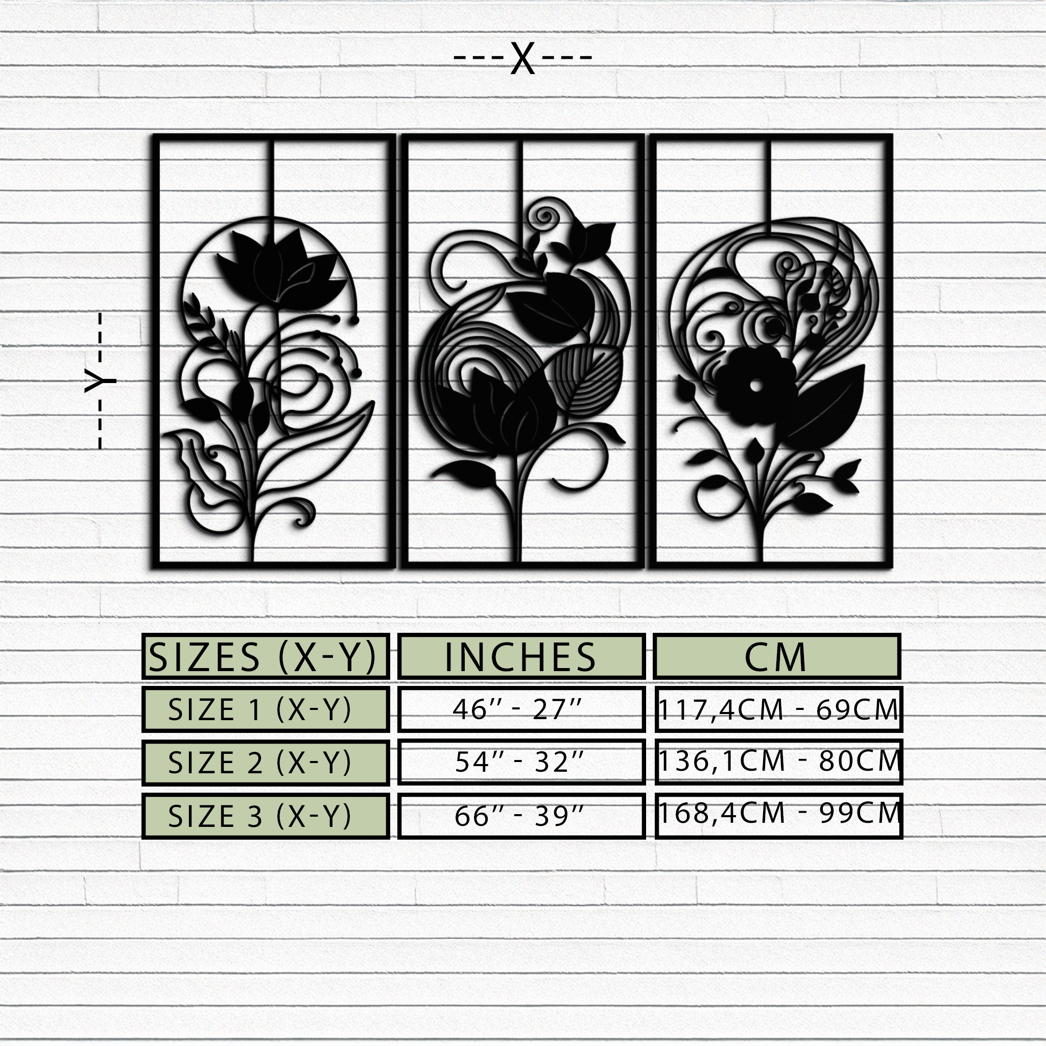 Black Metal Floral Panel Trio - Elegant Botanical Wall Art Set