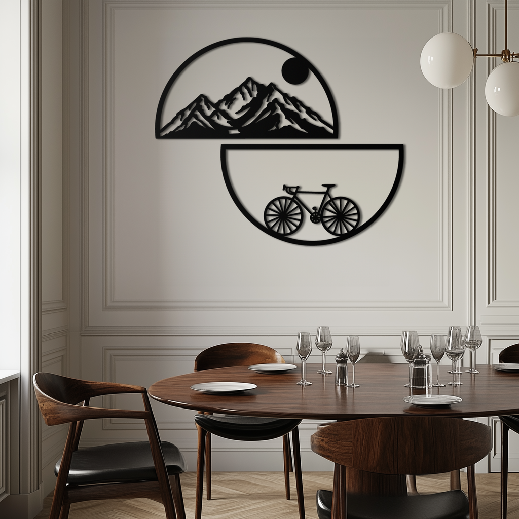 Metal Wall Art - Half Circle Bicycle Mountain Landscape Silhouette