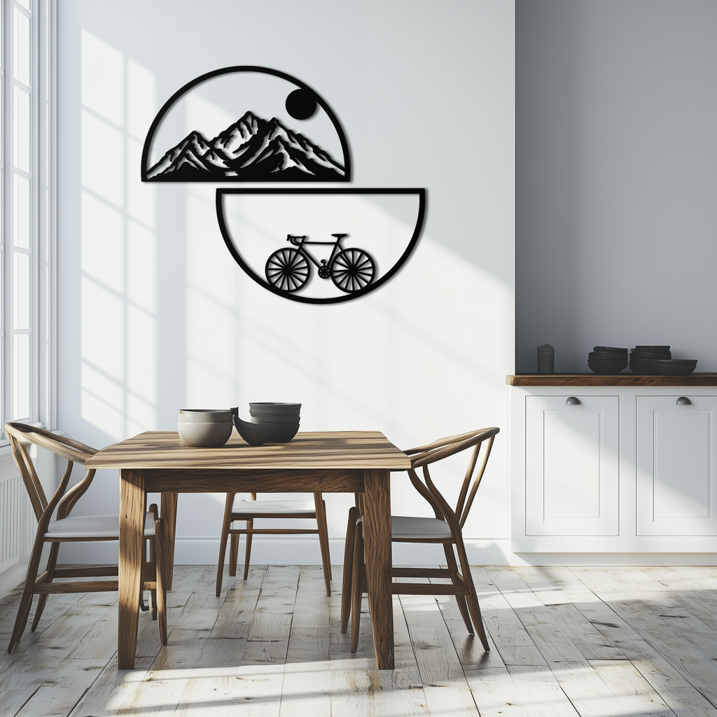 Metal Wall Art - Half Circle Bicycle Mountain Landscape Silhouette