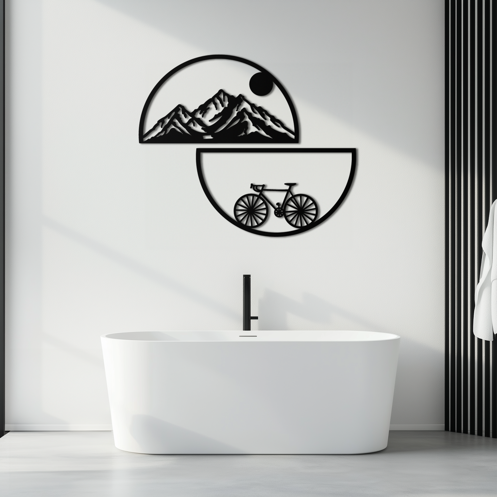 Metal Wall Art - Half Circle Bicycle Mountain Landscape Silhouette