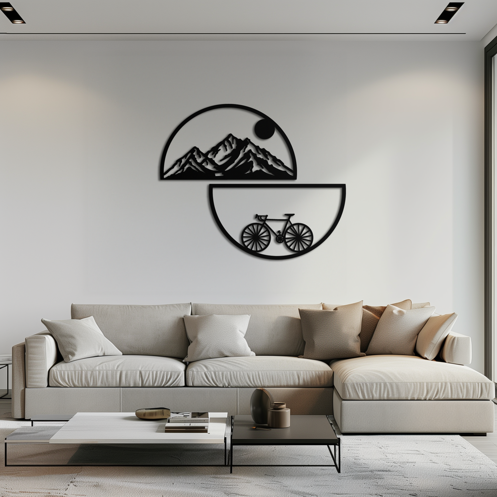 Metal Wall Art - Half Circle Bicycle Mountain Landscape Silhouette