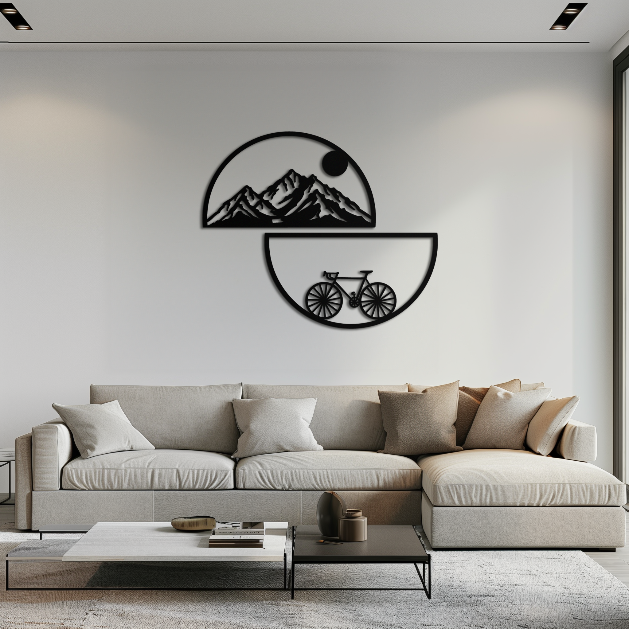 Metal Wall Art - Half Circle Bicycle Mountain Landscape Silhouette