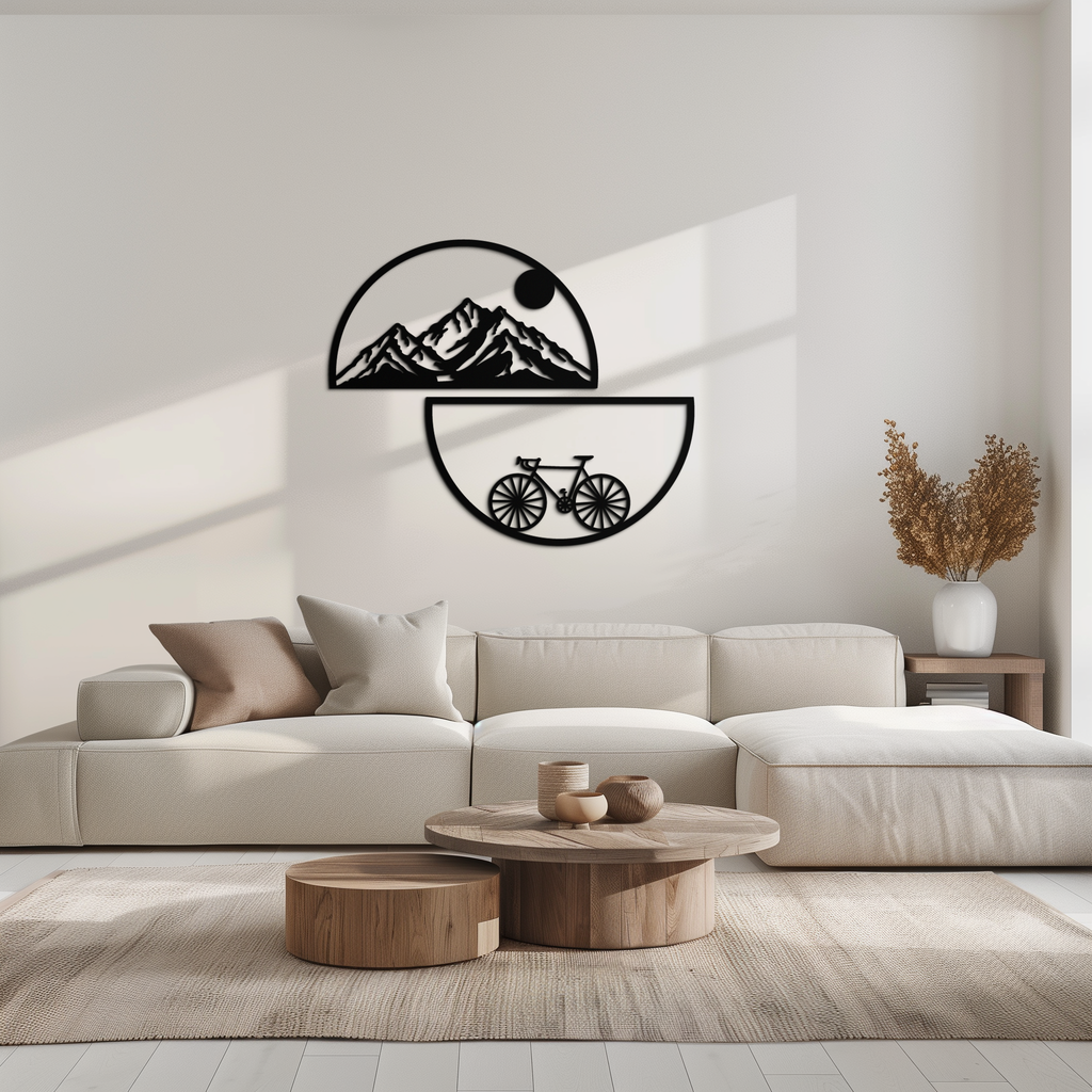 Metal Wall Art - Half Circle Bicycle Mountain Landscape Silhouette