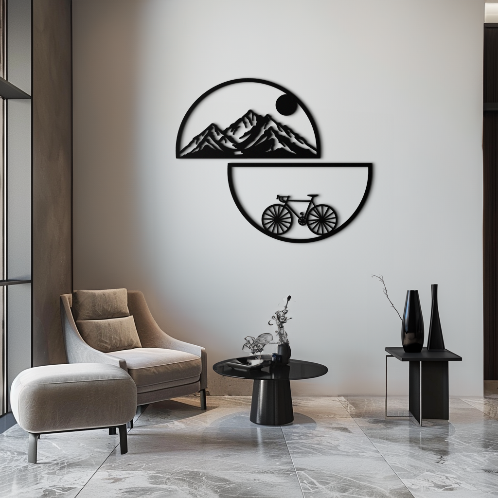 Metal Wall Art - Half Circle Bicycle Mountain Landscape Silhouette