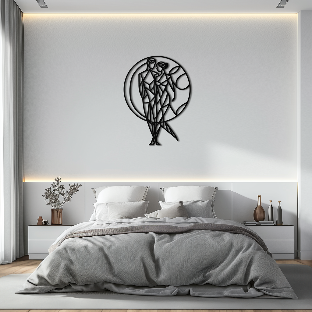 Metal Geometric Couple Silhouette Embracing Circular Wall Art Modern Romantic Decor