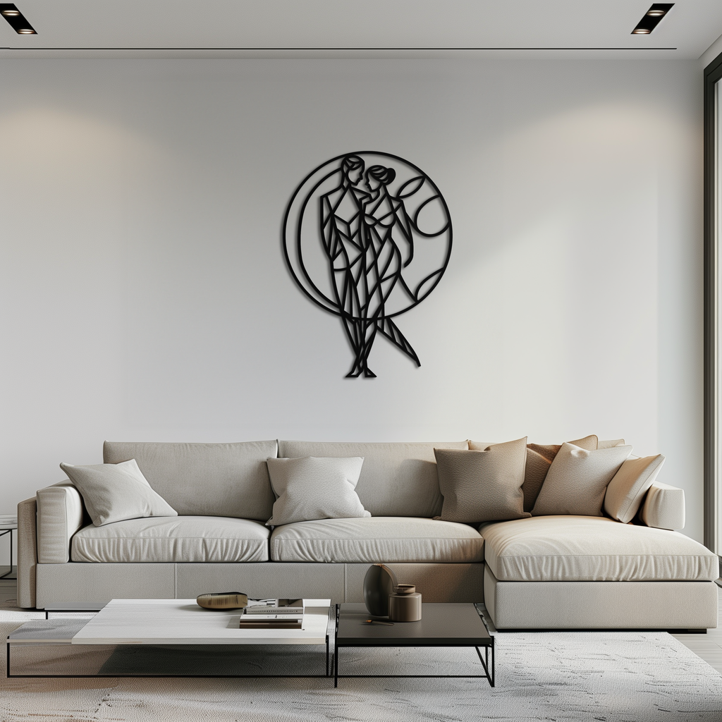 Metal Geometric Couple Silhouette Embracing Circular Wall Art Modern Romantic Decor