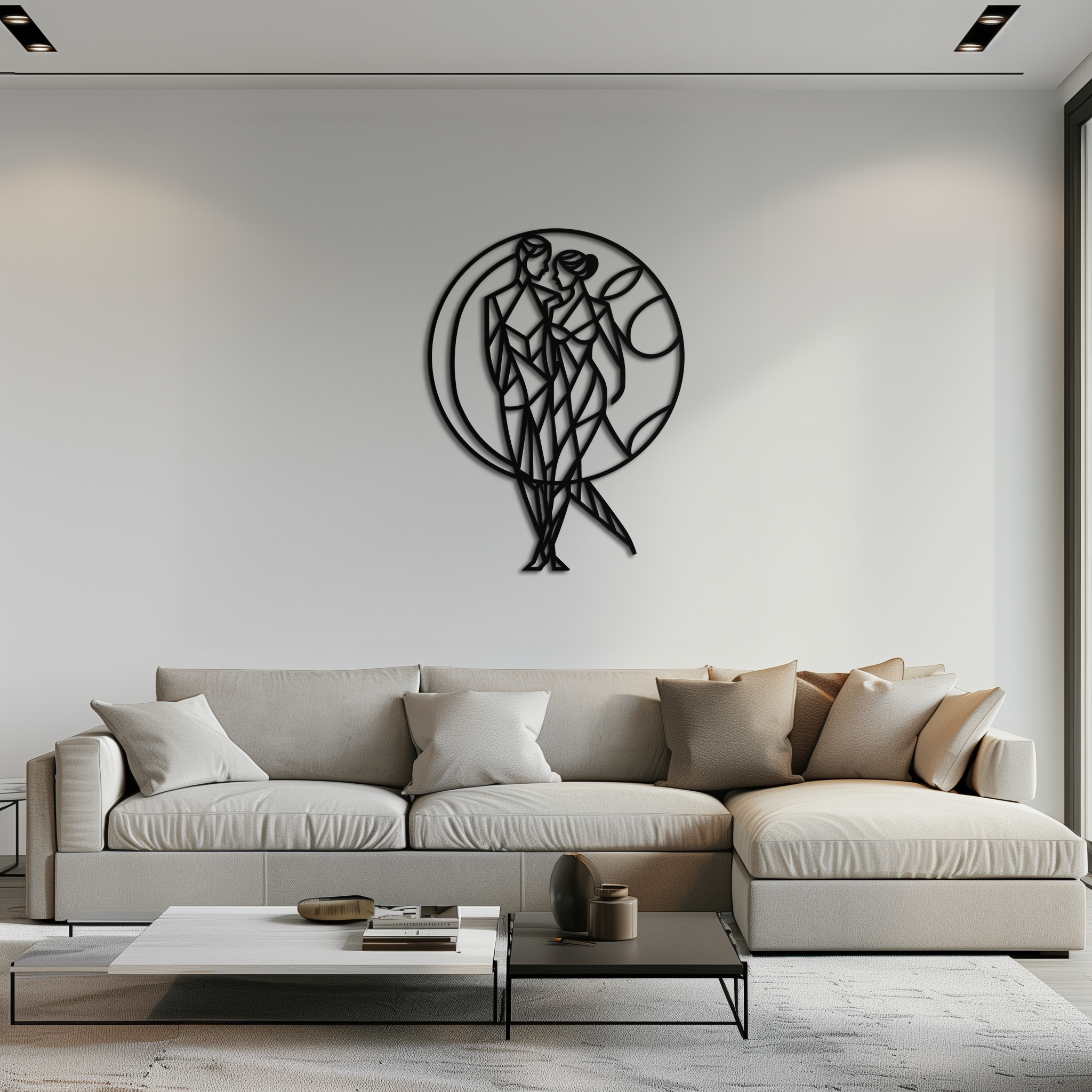 Metal Geometric Couple Silhouette Embracing Circular Wall Art Modern Romantic Decor