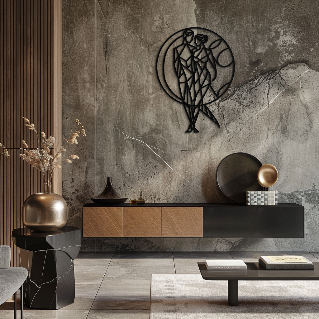 Metal Geometric Couple Silhouette Embracing Circular Wall Art Modern Romantic Decor