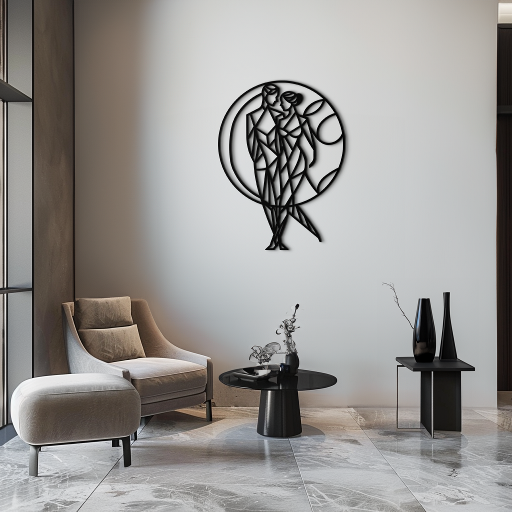 Metal Geometric Couple Silhouette Embracing Circular Wall Art Modern Romantic Decor
