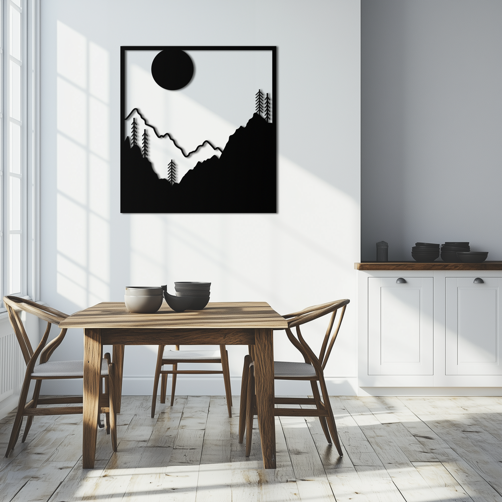 Metal Wall Art Moonlit Mountain Forest Scene Modern Square Silhouette Nature Decor
