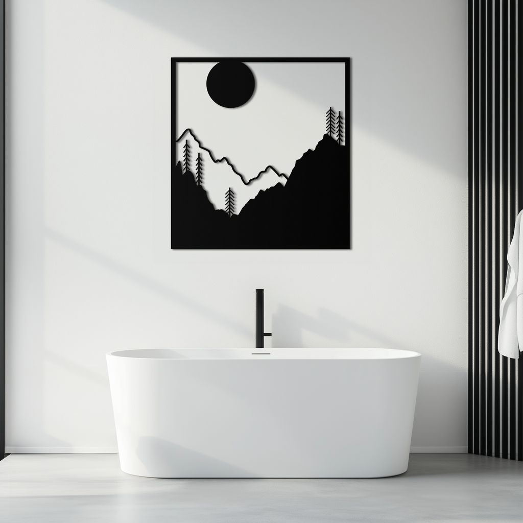 Metal Wall Art Moonlit Mountain Forest Scene Modern Square Silhouette Nature Decor