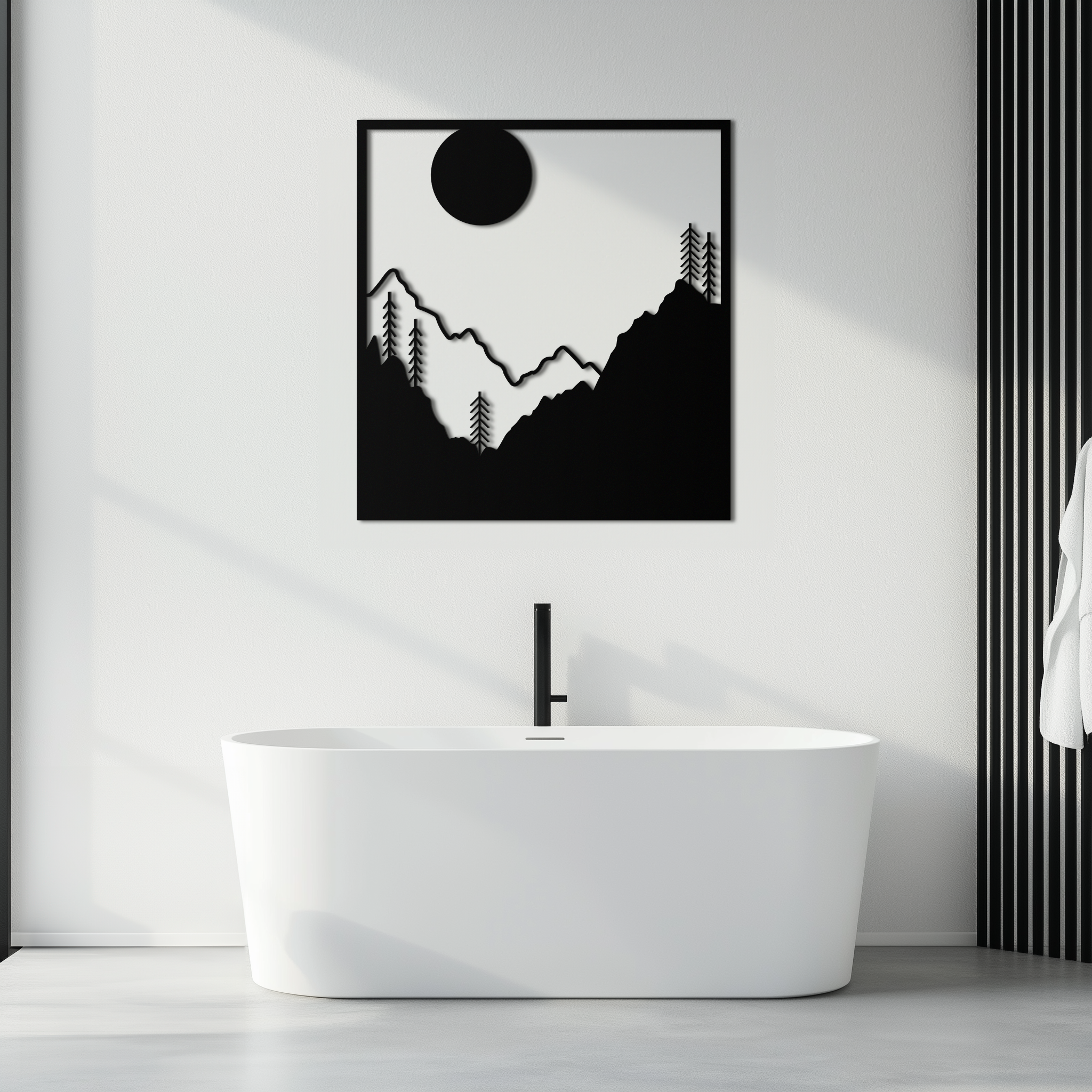 Metal Wall Art Moonlit Mountain Forest Scene Modern Square Silhouette Nature Decor