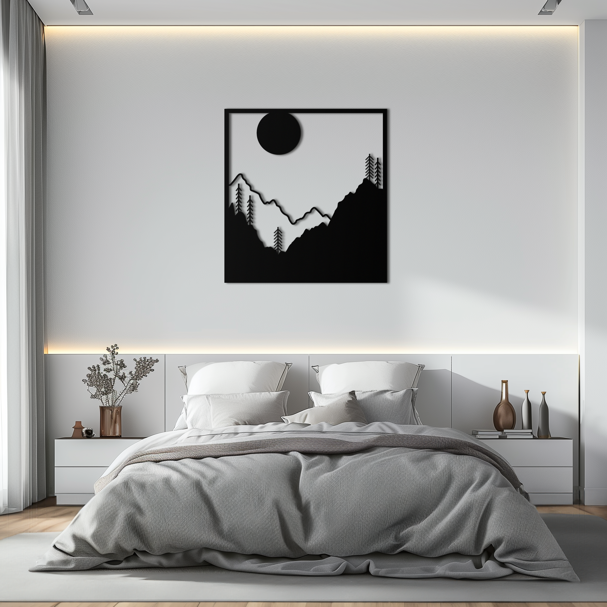 Metal Wall Art Moonlit Mountain Forest Scene Modern Square Silhouette Nature Decor